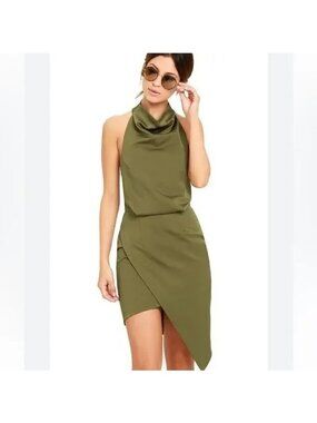 🆕ELLIATT Camo Asymmetric Satin Halter Dress Medium 6 Khaki Green